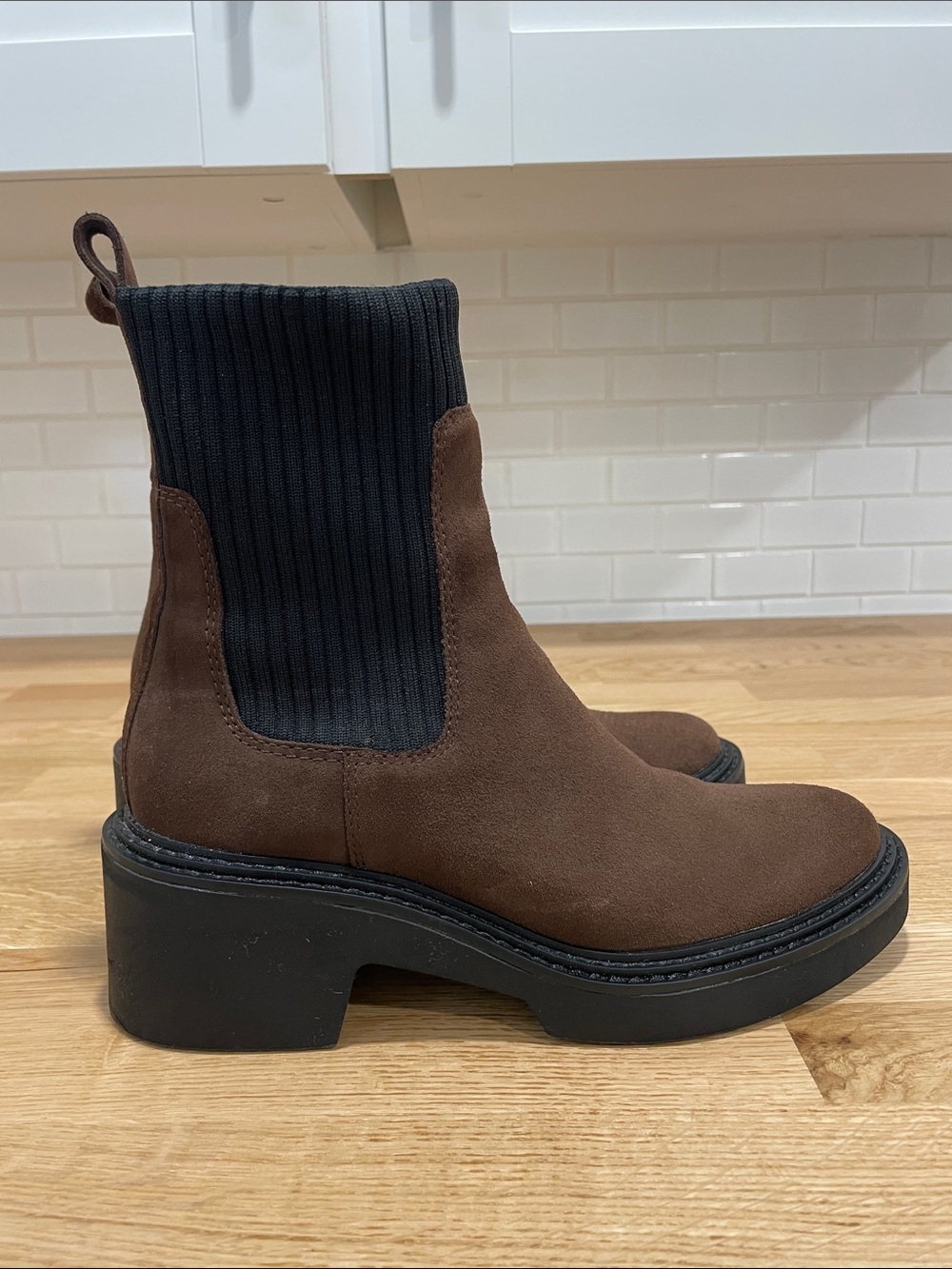 Dolce Vita Brown Suede Chelsea Booties with Black Ribbed Elastic